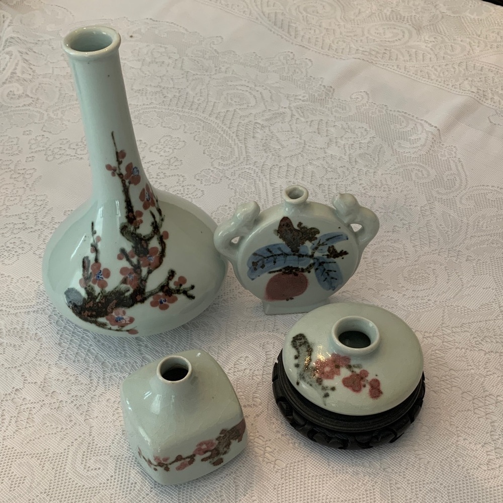 Vintage Korean Floral Ceramic Vase Set